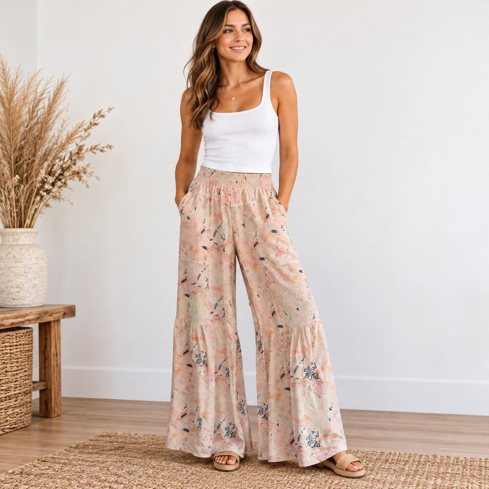 American Original Rewash Brand Linen blend wide leg palazzo pants XS blue pink